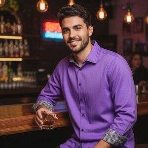 Harve Benard Men's Casual Purple Long Sleeve. Button Down Shirt